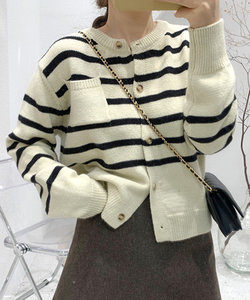 ノーカラーボーダーニットカーディガン レディース 10代 20代 30代 韓国ファッション 秋 冬 カジュアル 可愛い 暖かい 羽織り シンプル