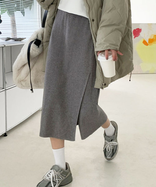 ロングスリットニットスカート レディース 10代 20代 30代 韓国ファッション 春 秋 冬 カジュアル 可愛い ボトムス 無地 リブ デート