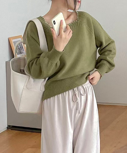 フェイクパールニットセーター レディース 10代 20代 30代 韓国ファッション カジュアル 秋 冬 無地 シンプル 可愛い 上品 おしゃれ