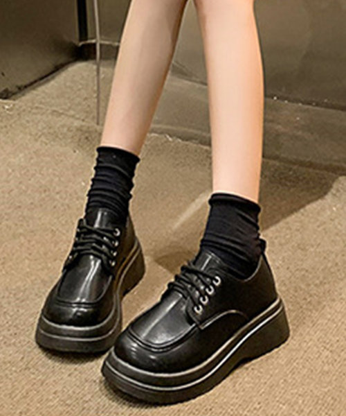 レースアップ厚底ローファー レディース 10代 20代 30代 韓国ファッション カジュアル シューズ 靴 かわいい 無地 シンプル 大人 白 黒