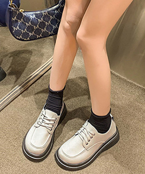 レースアップ厚底ローファー レディース 10代 20代 30代 韓国ファッション カジュアル シューズ 靴 かわいい 無地 シンプル 大人 白 黒