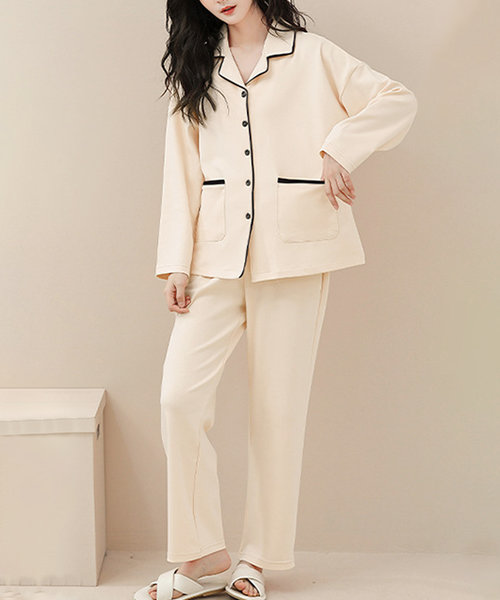 バイカラールームウェアセット レディース 10代 20代 30代 韓国ファッション カジュアル かわいい 長袖 部屋着 パジャマ ウエストゴム 楽ちん