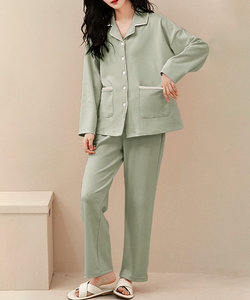 バイカラールームウェアセット レディース 10代 20代 30代 韓国ファッション カジュアル かわいい 長袖 部屋着 パジャマ ウエストゴム 楽ちん