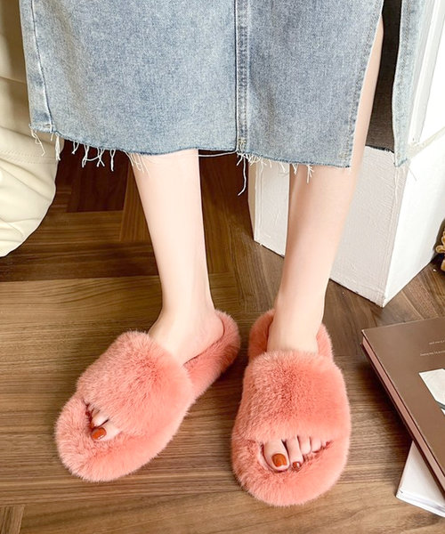 フェイクファールームサンダル レディース 10代 20代 30代 韓国ファッション カジュアル 靴 可愛い シンプル 黒 白 ぺたんこ 歩きやすい