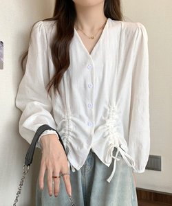 ドロストブラウス レディース 10代 20代 30代 韓国ファッション 春 秋 カジュアル 長袖 シンプル おしゃれ 可愛い 白 上品 トップス