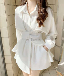 ベルトデザインチュニック レディース 10代 20代 30代 韓国ファッション 春 秋 カジュアル 長袖 シンプル おしゃれ 可愛い 白 リボン