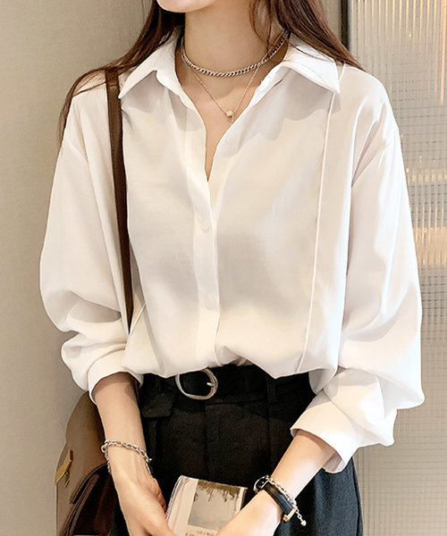 プレス加工デザインシャツ レディース 10代 20代 30代 韓国ファッション 春 秋 カジュアル 長袖 シンプル おしゃれ 可愛い 白 黒 無地
