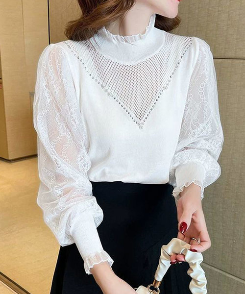 レーススリーブブラウス レディース 10代 20代 30代 韓国ファッション 春 秋 カジュアル 長袖 シンプル おしゃれ 可愛い 白 黒 上品