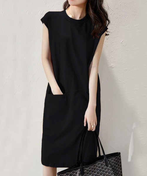 フレンチスリーブワンピース レディース 10代 20代 30代 韓国ファッション カジュアル 夏 シンプル 可愛い ミモレ丈 大人っぽい 黒 上品