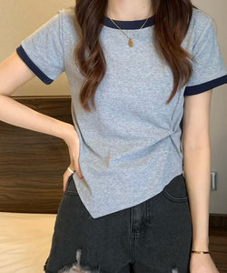 バイカラーアシンメトリーTシャツ レディース 10代 20代 30代 韓国ファッション カジュアル 夏 シンプル 可愛い トップス 半袖