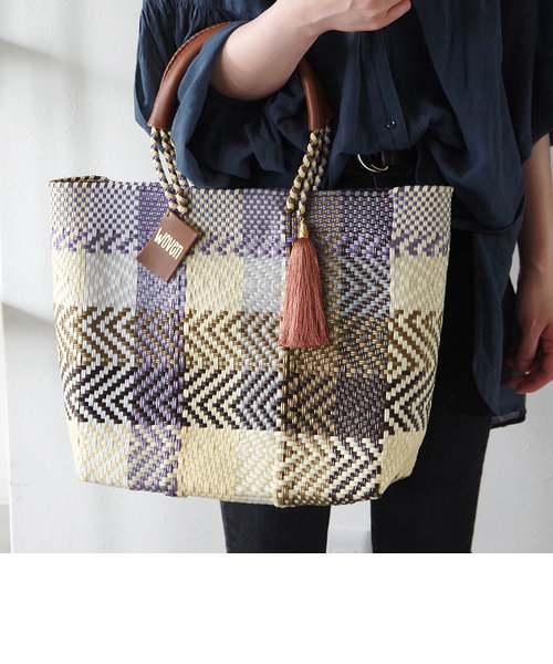 WOVEN BASKET BAG MIDDLE YELLOW BLUE WHITE LILA