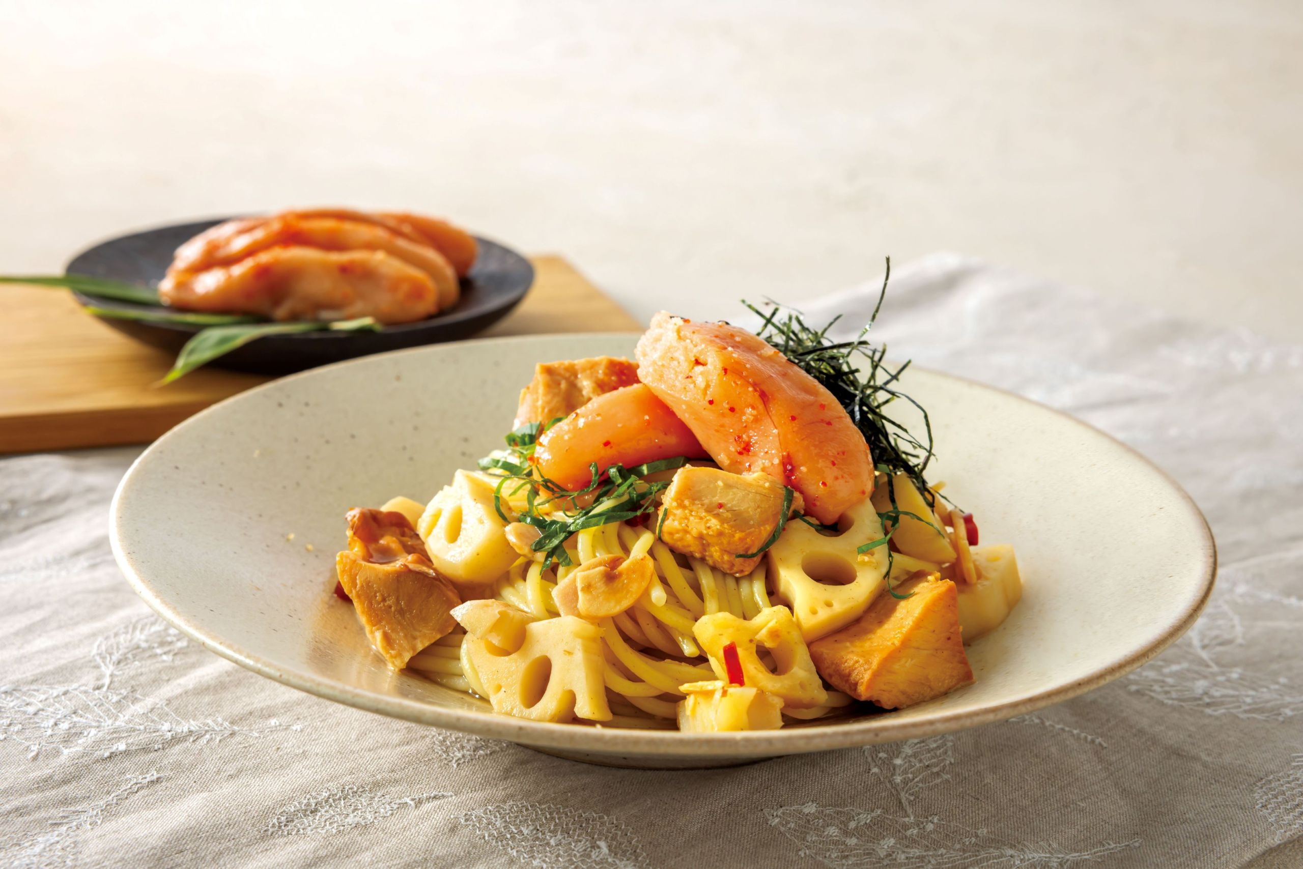 やまや熟成明太子とはかた地どりのおだしぺペロンチーノ  