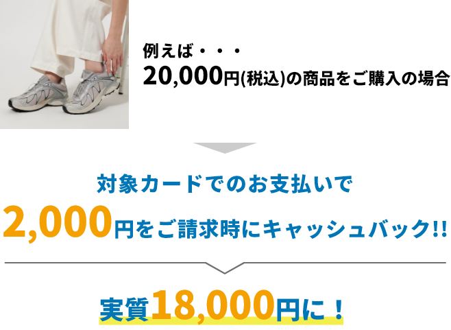 例えば20,000円(税込)の商品をご購入の場合 対象カードでのお支払いで2,000円をご請求時にキャッシュバック!! 実質18,000円に!