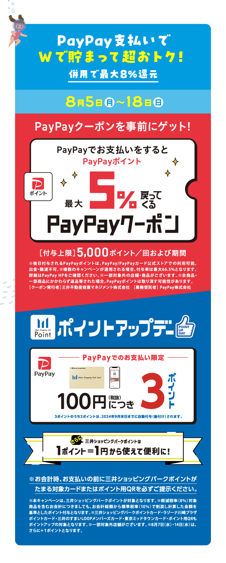 PayPay支払いでWで貯まって超おトク！併用で最大8％還元 | PayPayでお支払いをするとPayPayポイント最大5％戻ってくる | PayPayでのお支払い限定100円につき3ポイント | 三井ショッピングパークポイントは１ポイント１円から使えて便利に！