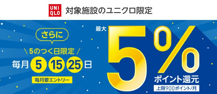要エントリー！【毎月5・15・25日限定！】ユニクロ ５％ポイント還元！