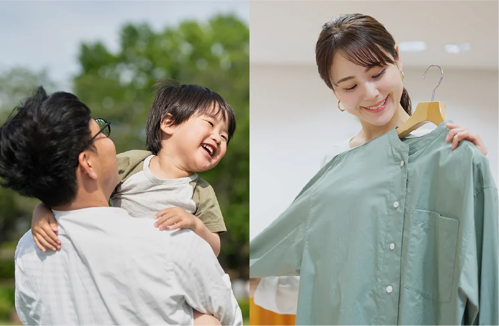 子どもと遊ぶ父親とショッピングを楽しむ女性