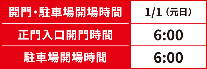 開門・駐車場開場時間:1/1 （元日） 正門入口開門時間:6:00 駐車場開場時間:6:00