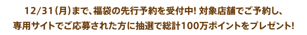 12/31（月）まで、福袋の先行予約を受付中！　対象店舗でご予約し、専用サイトでご応募された方に抽選で総計100万ポイントをプレゼント！