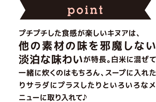 point プチプチした食感が楽しいキヌアは、他の素材の味を邪魔しない淡泊な味わいが特長。白米に混ぜて一緒に炊くのはもちろん、スープに入れたりサラダにプラスしたりといろいろなメニューに取り入れて♪