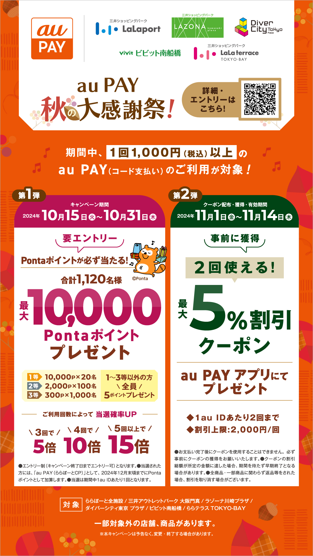 au PAY秋の大感謝祭！Pontaポイントが当たる抽選会・最大5％割引クーポン実施 | ららぽーと福岡