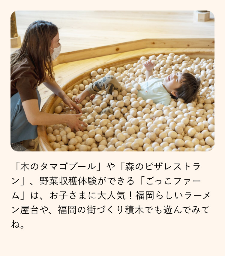 「木のタマゴプール」や 「森のピザレストラン」、 野菜収穫体験ができる「ごっこファーム」は、 お子さまに大人気！ 福岡らしいラーメン屋台や、 福岡の街づくり積木でも遊んでみてね。