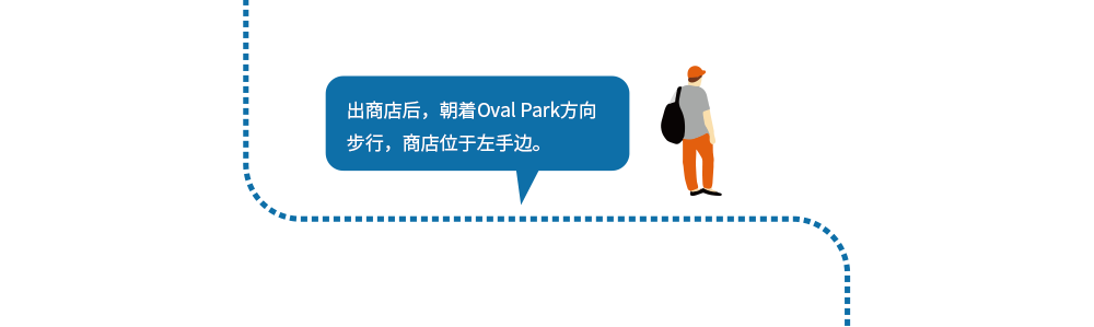 出商店后，朝着Oval Park方向步行，商店位于左手边。