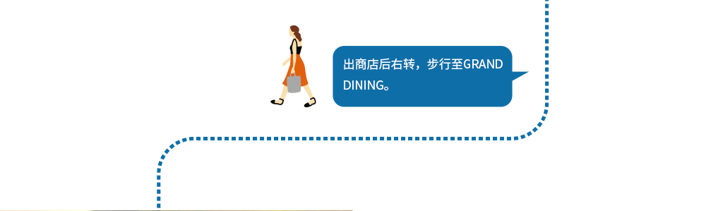 出商店后右转，步行至GRAND DINING。