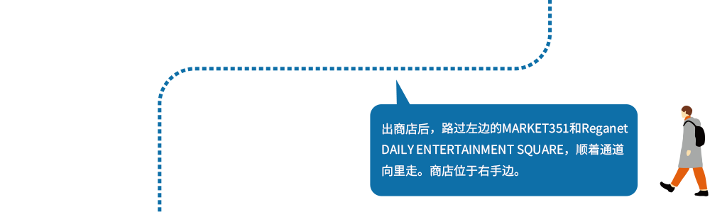 出商店后，路过左边的MARKET351和Reganet DAILY ENTERTAINMENT SQUARE，顺着通道向里走。商店位于右手边。