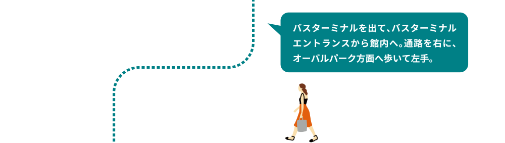 バスターミナルを出て、バスターミナルエントランスから館内へ。通路を右に、オーバルパーク方面へ歩いて左手。