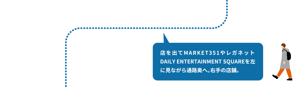 店を出てMARKET351やレガネット DAILY ENTERTAINMENT SQUAREを左に見ながら通路奥へ。右手の店舗。