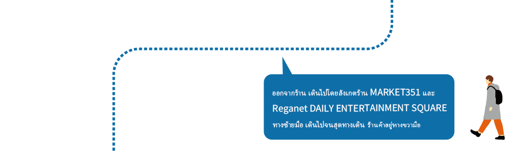 ออกจากร้าน เดินไปโดยสังเกตร้าน MARKET351 และ Reganet DAILY ENTERTAINMENT SQUARE ทางซ้ายมือ เดินไปจนสุดทางเดินร้านค้าทางขวามือ