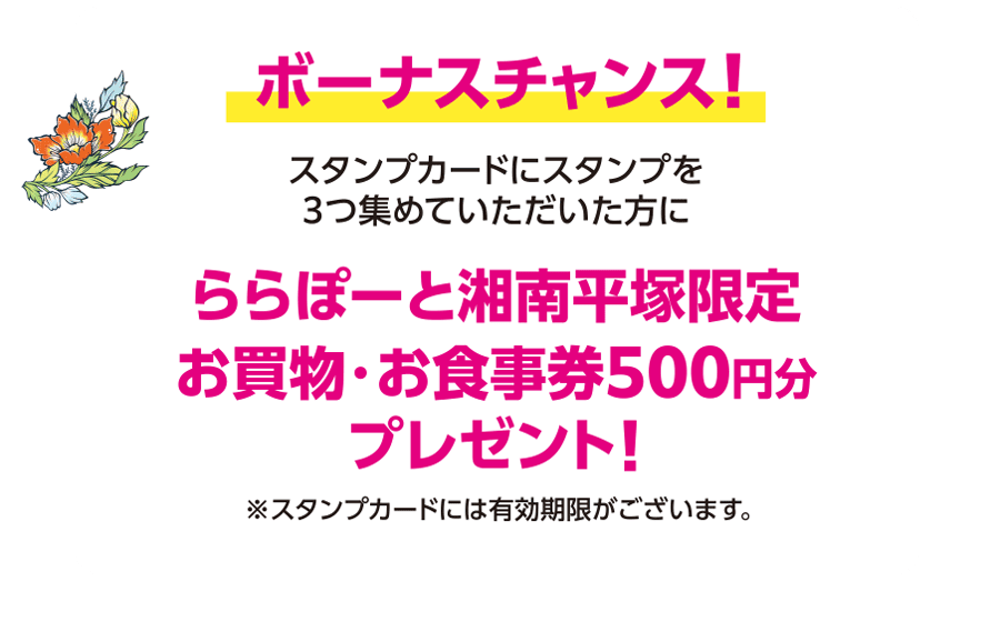 ボーナスチャンス！ららぽーと湘南平塚限定お買物・お食事券500円分プレゼント！