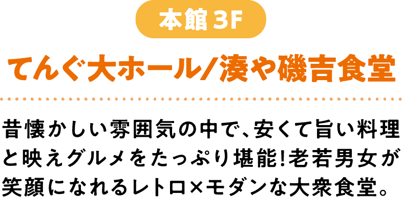 本館3F てんぐ大ホール/湊や磯吉食堂 昔懐かしい雰囲気の中で、安くて旨い料理と映えグルメをたっぷり堪能！老若男女が笑顔になれるレトロ×モダンな大衆食堂。