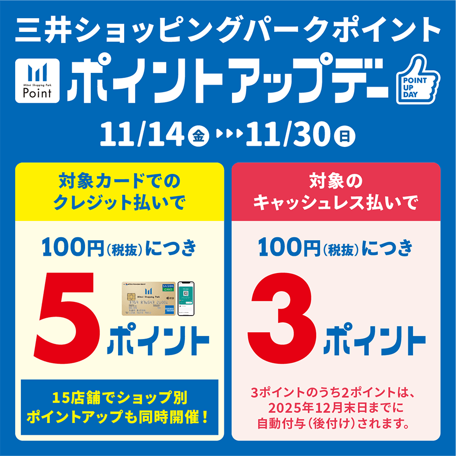 三井ショッピングパークポイントポイントアップデー 11/14（金）〜〜11/30（日） 対象カードでのクレジット払いで 100円（税抜）につき5ポイント　対象のキャッシュレス払いで100円（税抜）につき3ポイント