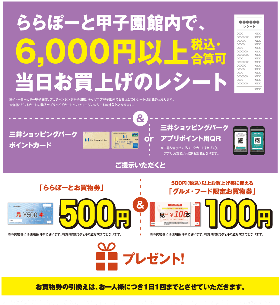 各日先着100名様 ららぽーと甲子園館内で、6,000円以上 税込・合算可 当日お買上げのレシート ※イトーヨーカドー甲子園店、アカチャンホンポ甲子園店、キッザニア甲子園内でお買上げのレシートは対象外となります。※イトーヨーカドー甲子園店、アカチャンホンポ甲子園店、キッザニア甲子園内でお買上げのレシートは対象外となります。三井ショッピングパークポイントカード or 三井ショッピングパークアプリポイント用QR ※三井ショッピングパークカード《セゾン》、アプリde支払い用QRも対象となります。ご提示いただくと「ららぽーとお買物券」500円※お買物券には使用条件がございます。有効期限は発行月の翌月末までとなります。 500円(税込)以上お買上げ毎に使える「グルメ・フード限定お買物券」 100円 ※お買物券には使用条件がございます。有効期限は発行月の翌月末までとなります。プレゼント！