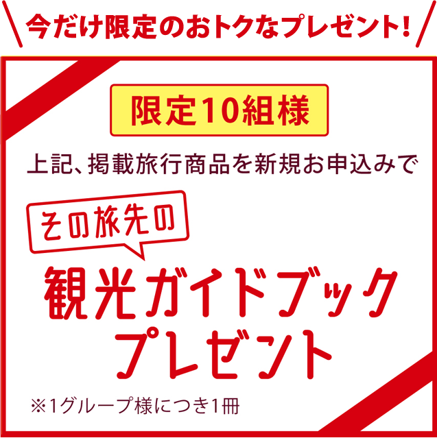 今だけ限定のおトクなプレゼント！上記掲載旅行商品を新規お申し込みで観光ガイドブックプレゼント