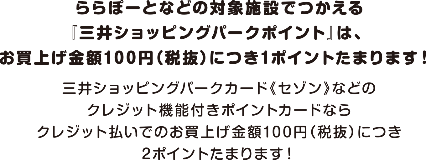 ららぽーとなどの対象施設でつかえる『三井ショッピングパークポイント』は、お買上げ金額100円（税抜）につき1ポイントたまります！三井ショッピングパークカード《セゾン》などのクレジット機能付きポイントカードならクレジット払いでのお買上げ金額100円（税抜）につき2ポイントたまります！