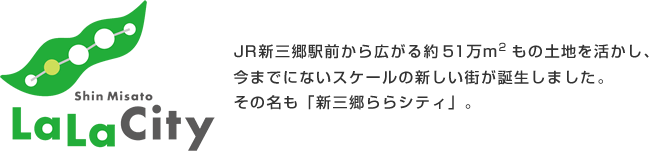 新三郷ららシティ JR新三郷駅前から広がる、今までにないスケールの新しい街が誕生しました。その名も「新三郷ららシティ」。