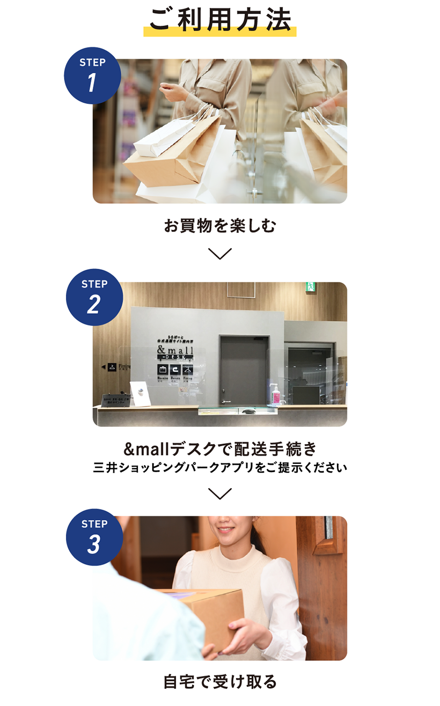 How to Use STEP 1 Enjoy shopping STEP 2 Arrange delivery at the &mall desk Please present the Mitsui Shopping Park app STEP 3 Receive at home