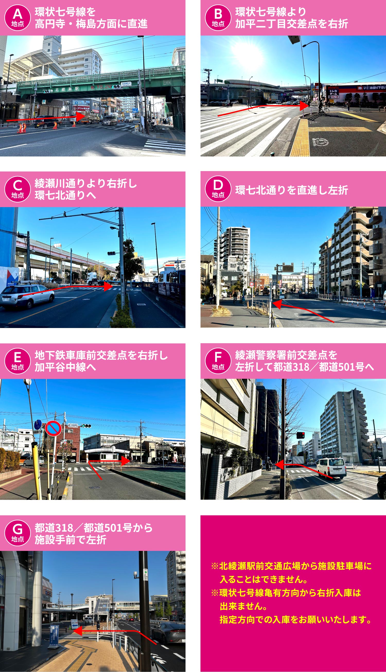 ※北綾瀬駅前交通広場から施設駐車場に入ることはできません。※環状七号線亀有方向から右折入庫は出来ません。指定方向での入庫をお願いいたします。
