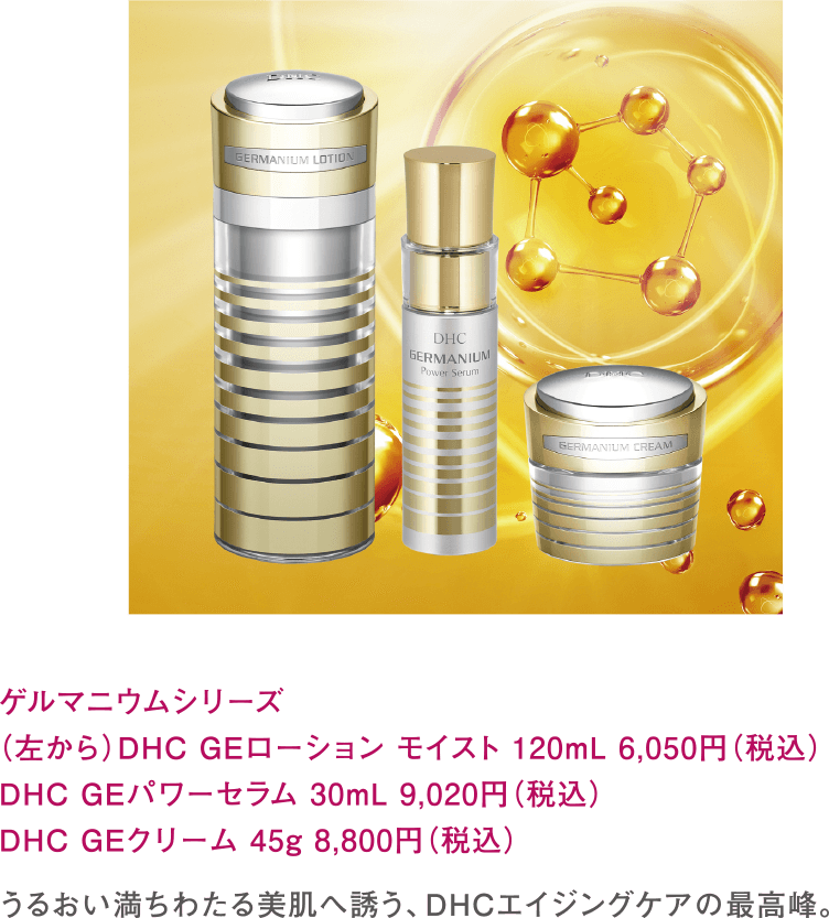 ゲルマニウムシリーズ　DHC GEローション モイスト 120ｍL 6,050円（税込）DHC GEパワーセラム 30mL 9,020円（税込）DHC GEクリーム 45g 8,800円（税込）