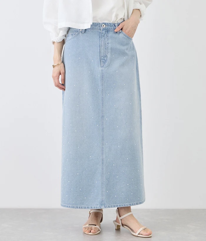 ❤︎LOUNIE❤︎24SS 40サイズ ビジュー&パール デニムスカート パールキラキラビジューデニムスカート | ラブラ万代