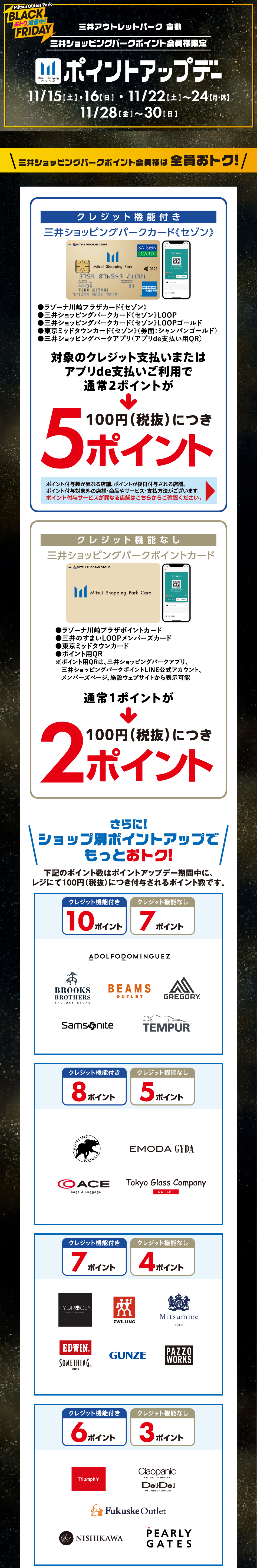 ポイントアップデー 11/15(土)・16(日)、11/22(土)～24(月・祝)、11/28(金)～11/30(日)