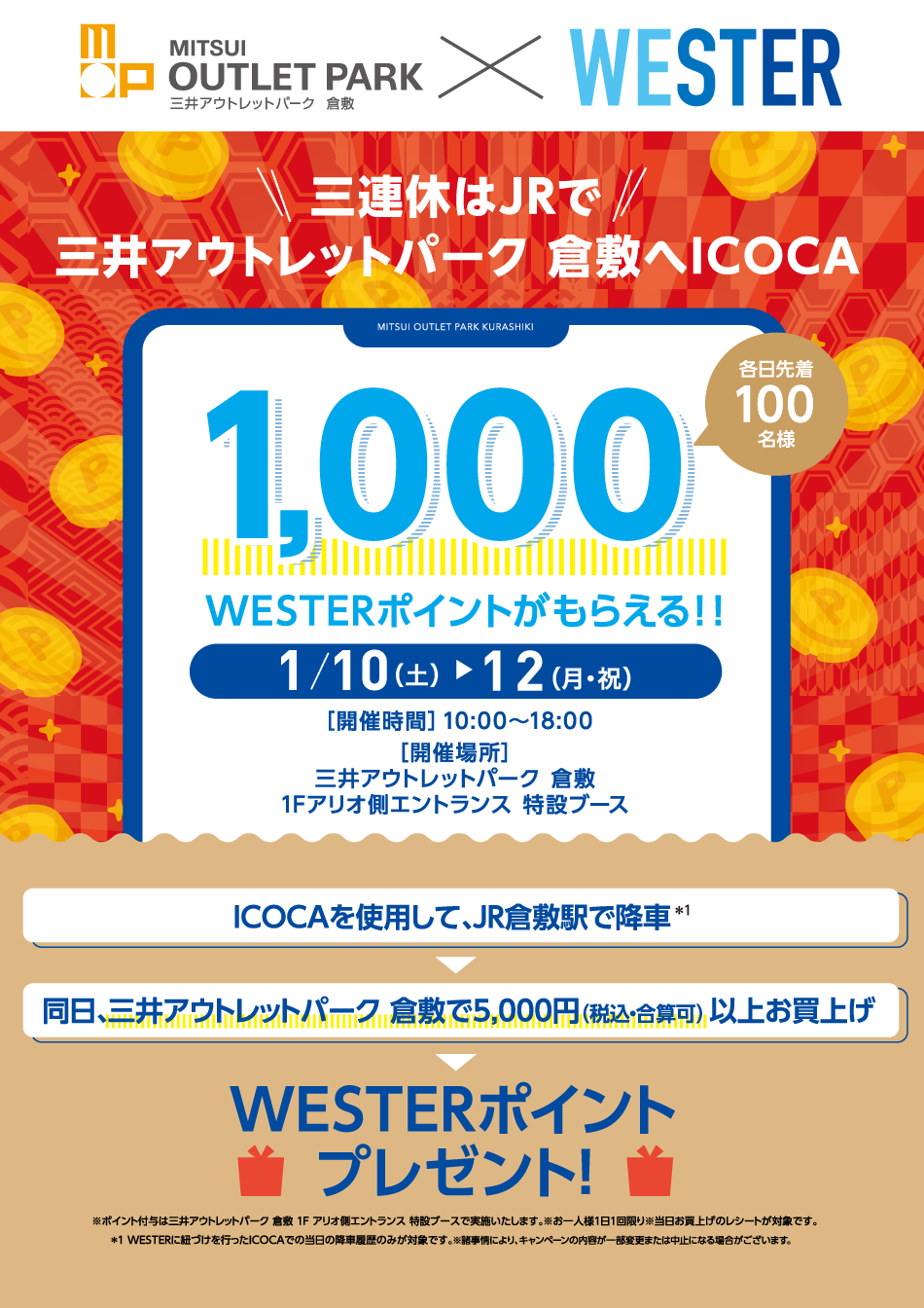 삼연휴는 JR Line로 MITSUI OUTLET PARK KURASHIKI에 ICOCA 1/10(토)~12(월·축)