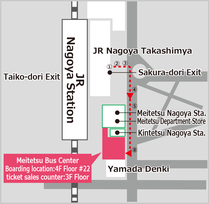 Route from Nagoya Station to Meitetsu Bus Center