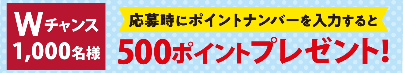 Wチャンス1,000名様 応募時にポイントナンバーを入力すると500ポイントプレゼント！