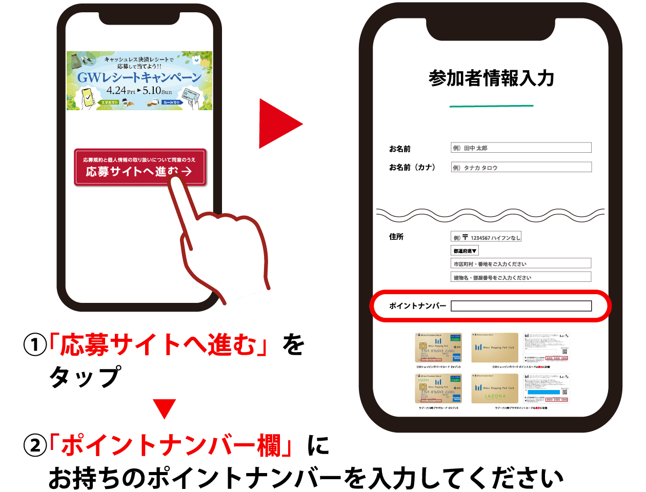 ①「応募サイトへ進む」をタップ ②「ポイントナンバー欄」にお持ちのポイントナンバーを入力してください