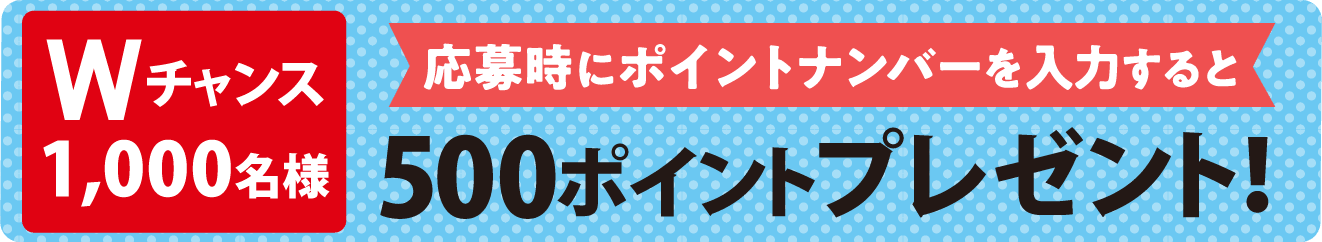 Wチャンス1,000名様 応募時にポイントナンバーを入力すると500ポイントプレゼント！