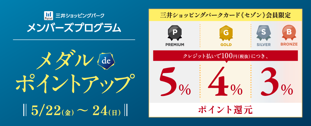 【三井ショッピングパークカード《セゾン》限定】メダルdeポイントアップ開催！ 5/22(金)～5/24(日)