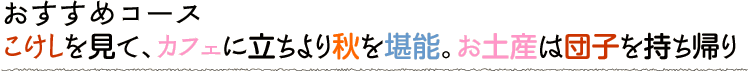 こけしを見て、カフェに立ちより秋を堪能。お土産は団子を持ち帰り